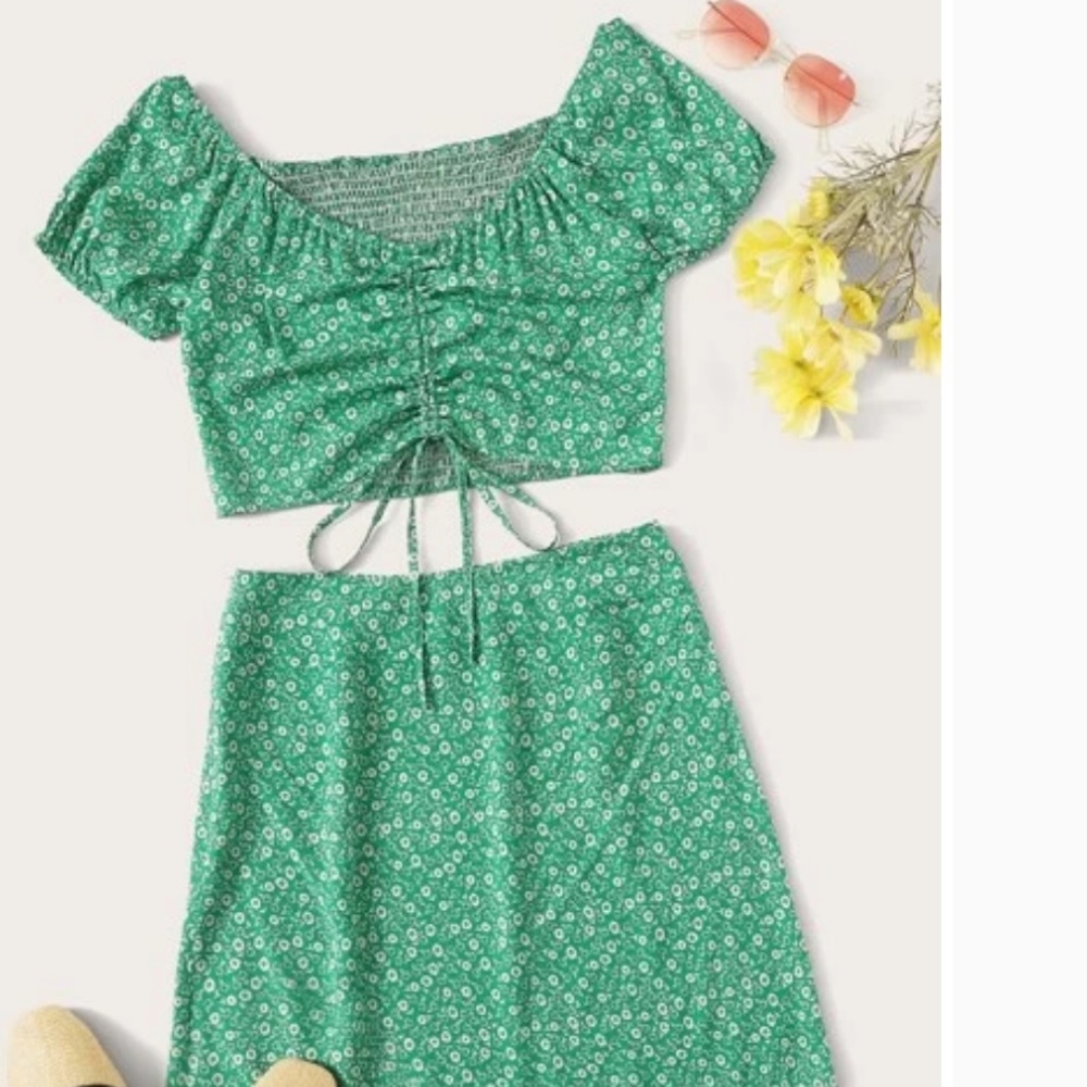 Romwe Floral Drawstring Top & Skirt